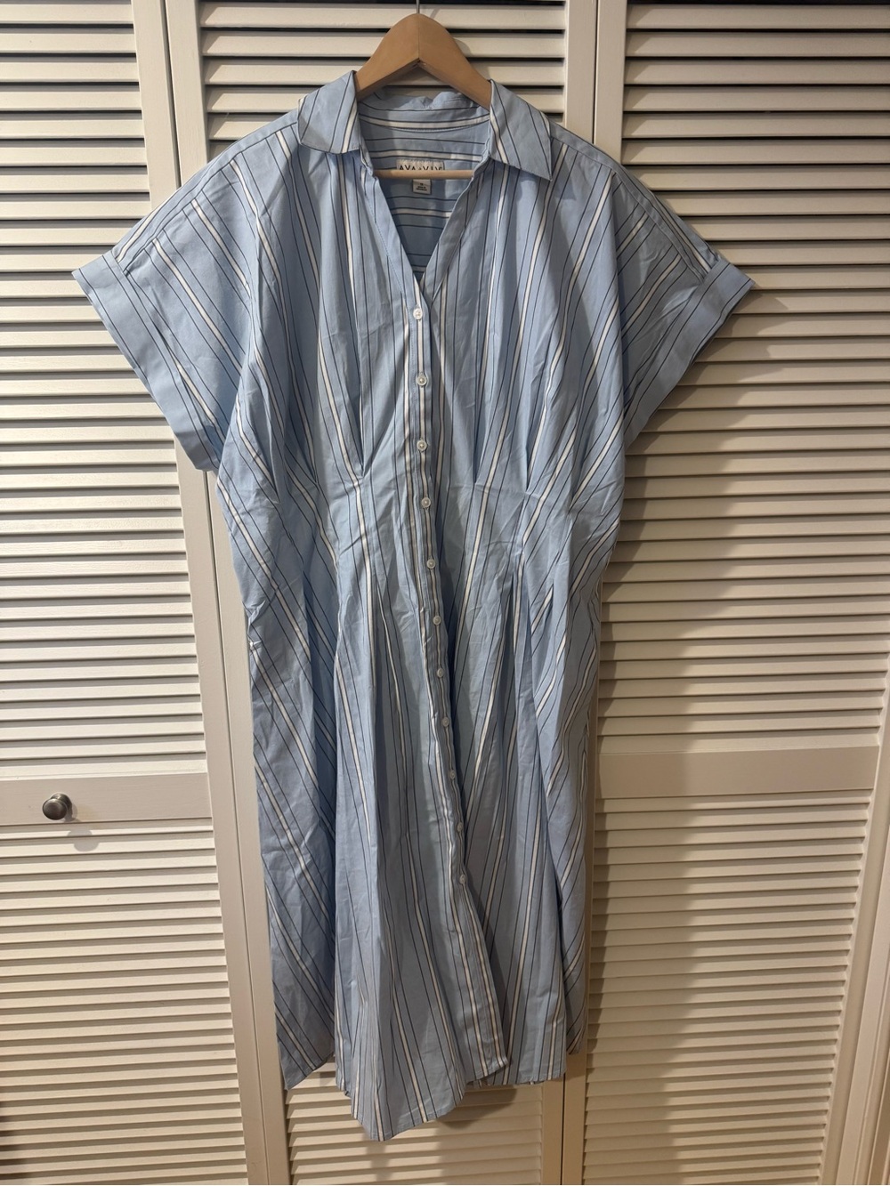 Ava & Viv Light Blue and White Striped Midi Shirt Dress